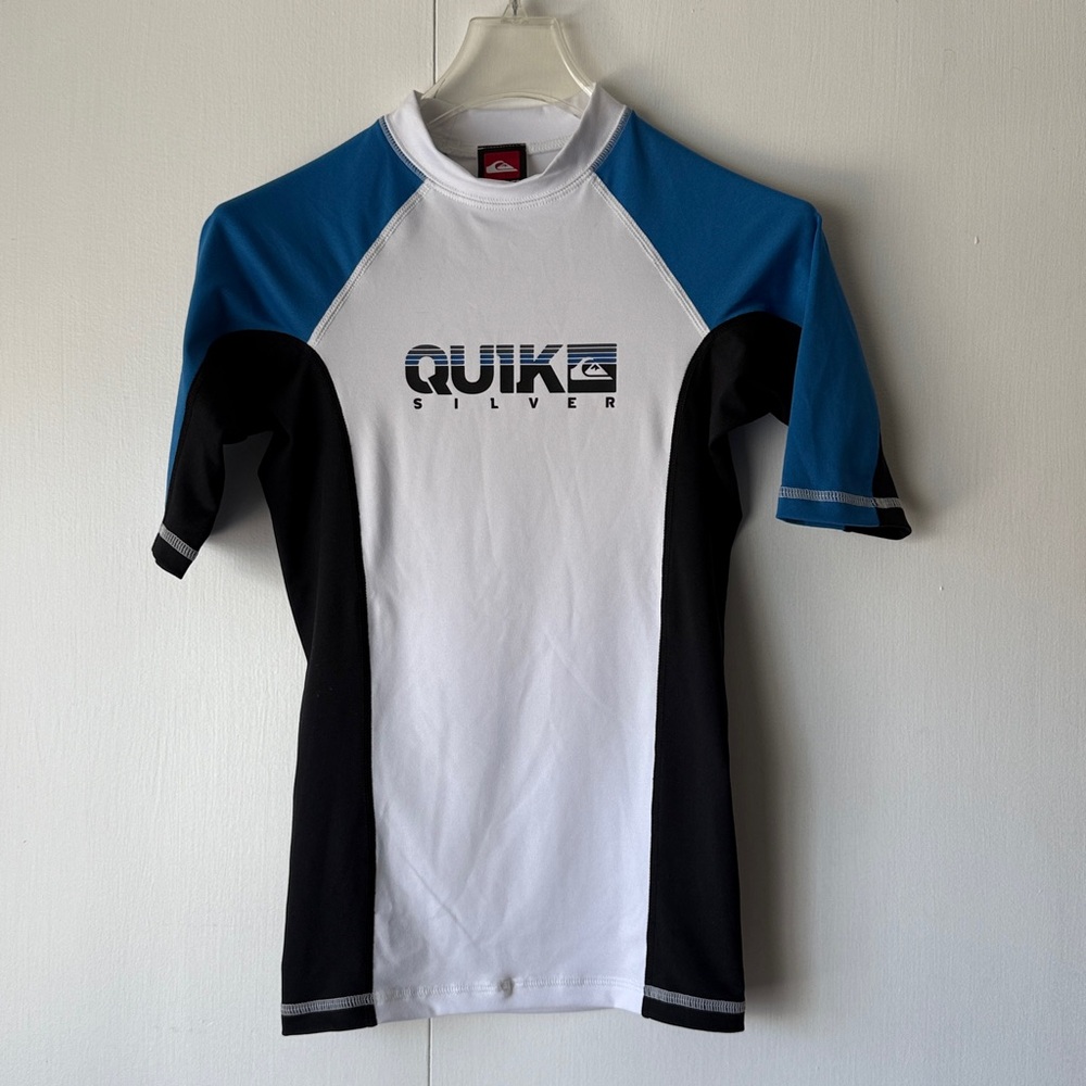 Quiksilver White and Blue Rash Guard Boys Sz 16